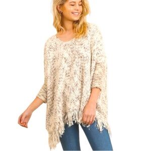 Umgee Boho Fringe Knit Sweater Poncho Top S/M Neutral Beige